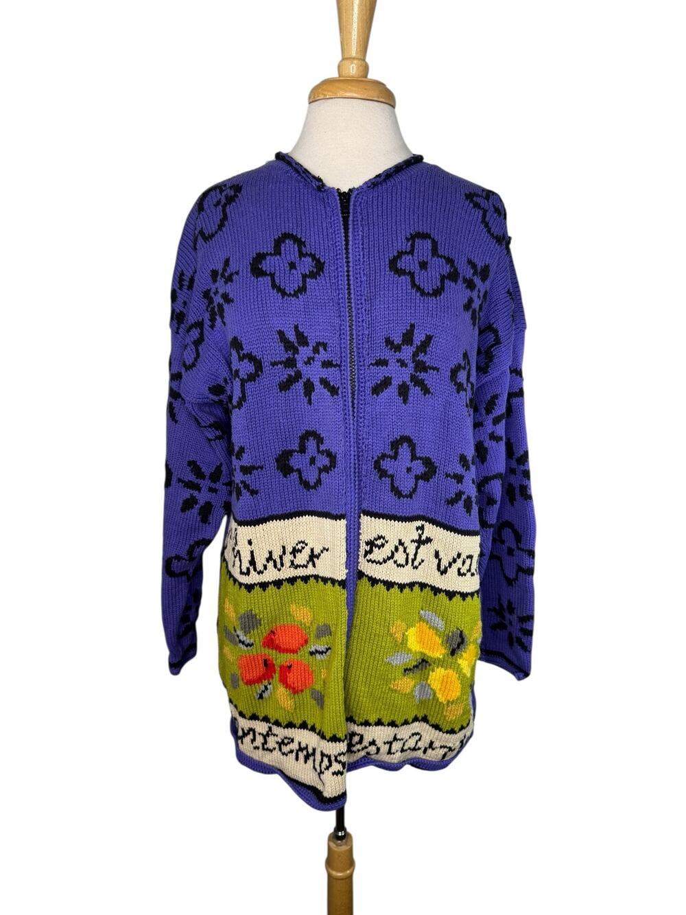 Vintage 80s 90s SAKS FIFTH AVENUE French Flowers Chunky Knit Cardigan Sz Medium